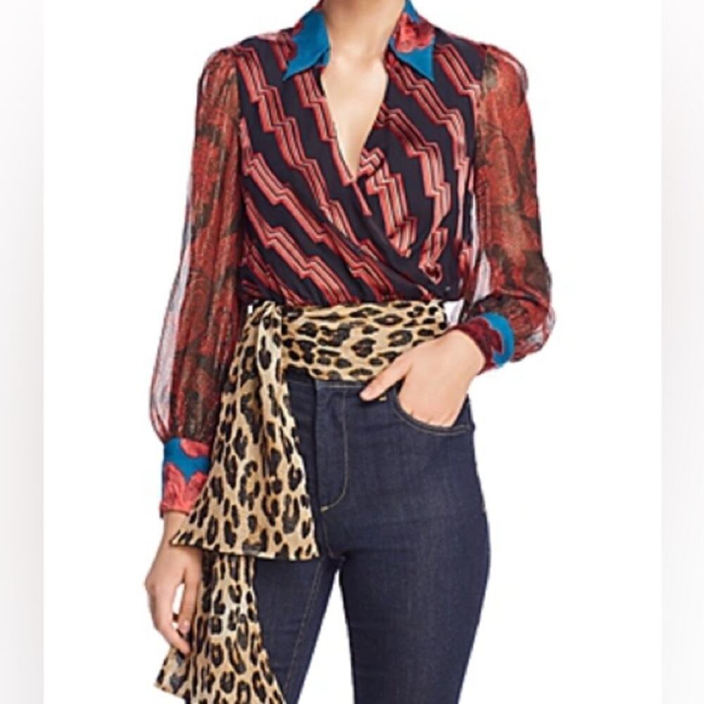 Alice + Olivia Multi-Color Mixed Print Wrap Blouse - Picture 16 of 16